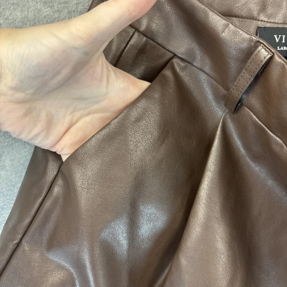 Vici Women's Faux Leather Shorts L Brown Ultra High Rise Cuffed Pleated Pockets